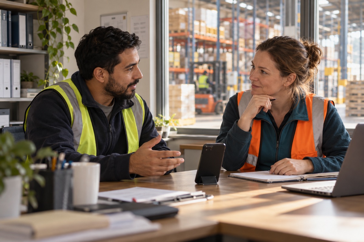 Illustration of a supervisor and an international colleague talking at a warehouse desk with a phone between them