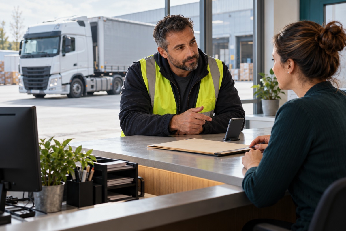 Illustration of a truck driver and warehouse receptionist at a desk, with a parked truck visible outside