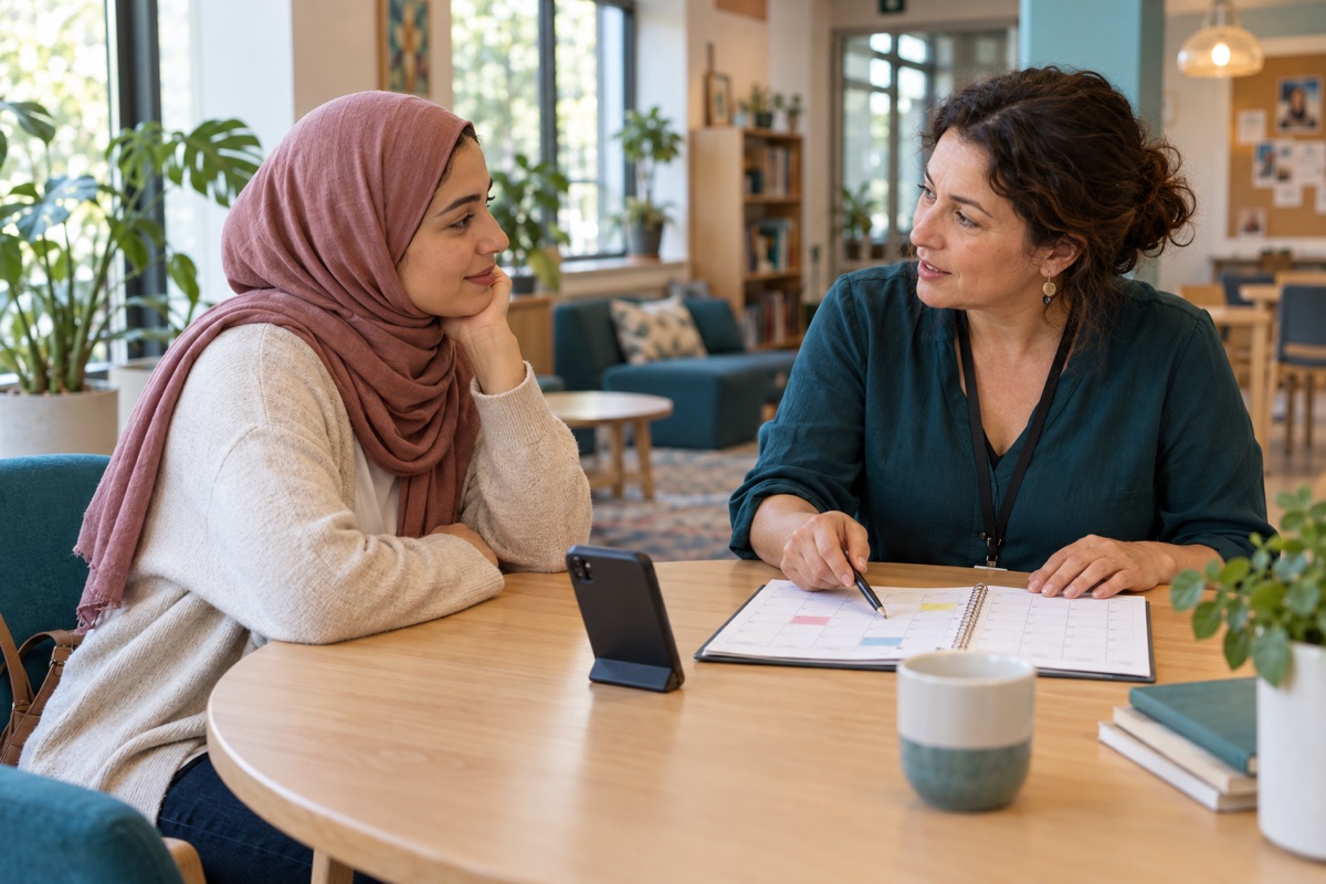 Illustration of two adults talking at a welcoming community centre desk, with a phone between them