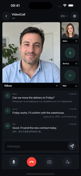 A meeting of four on a TraduLive video call — Nikos, Alex, Amira and Wei: what each one says appears in English, with the words they actually spoke, in Greek, Arabic and Chinese, in grey underneath.