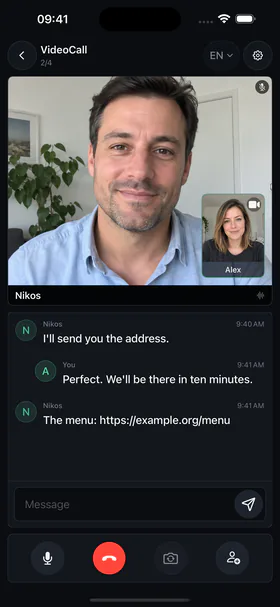 The messages of a TraduLive video call: what Nikos says or writes arrives translated, and the link he sends stays exactly as it is.